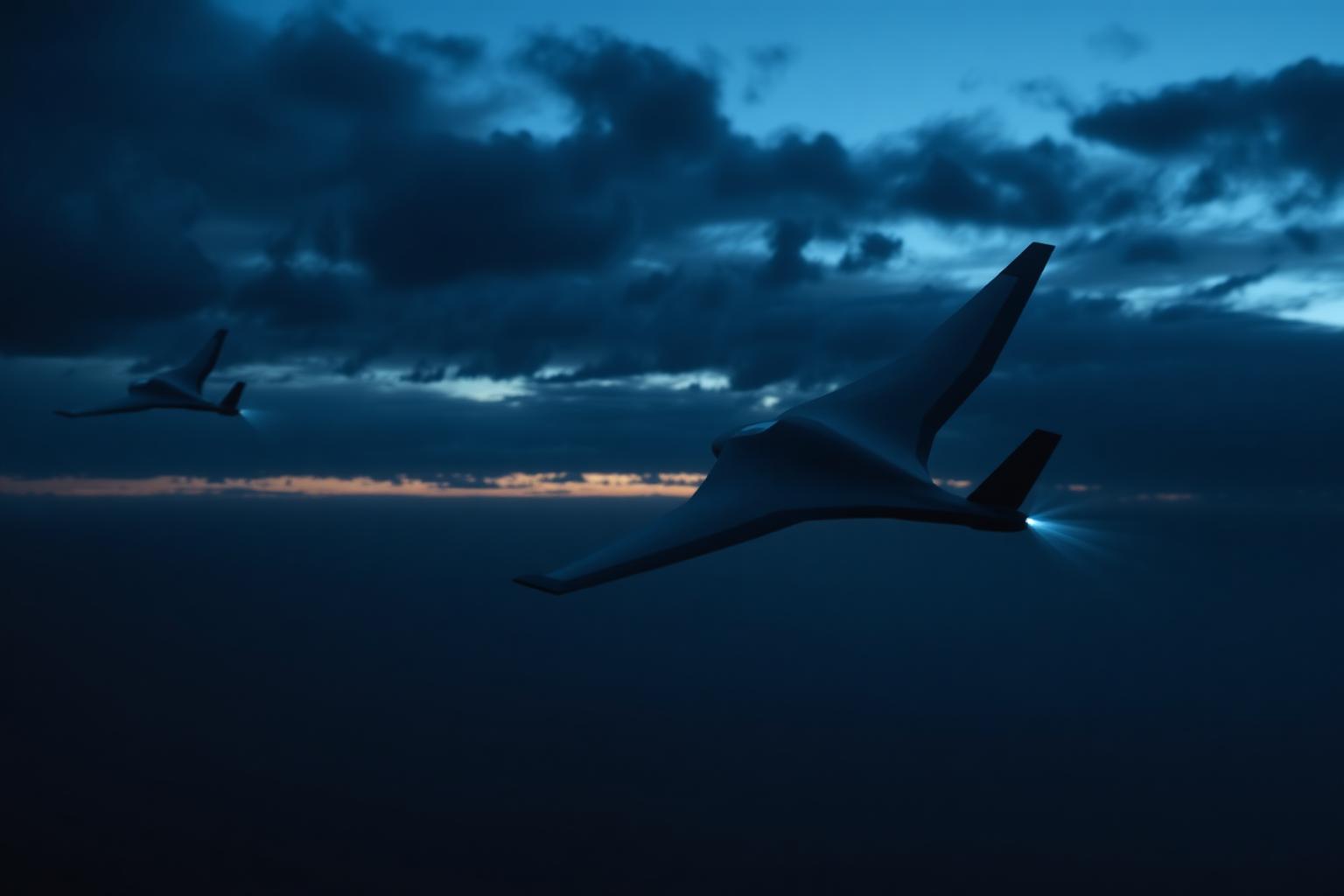 Hydrogliss platform in aerial glide above the ocean at dusk